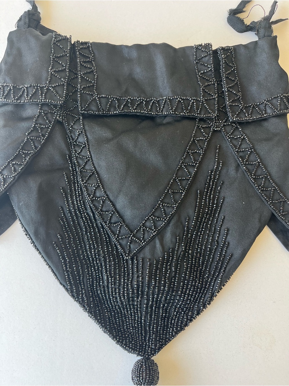 Vintage 1920s Black Beaded Drawstring Reticule Purse Tassel Evening Bag Taffeta - Picture 6 of 14